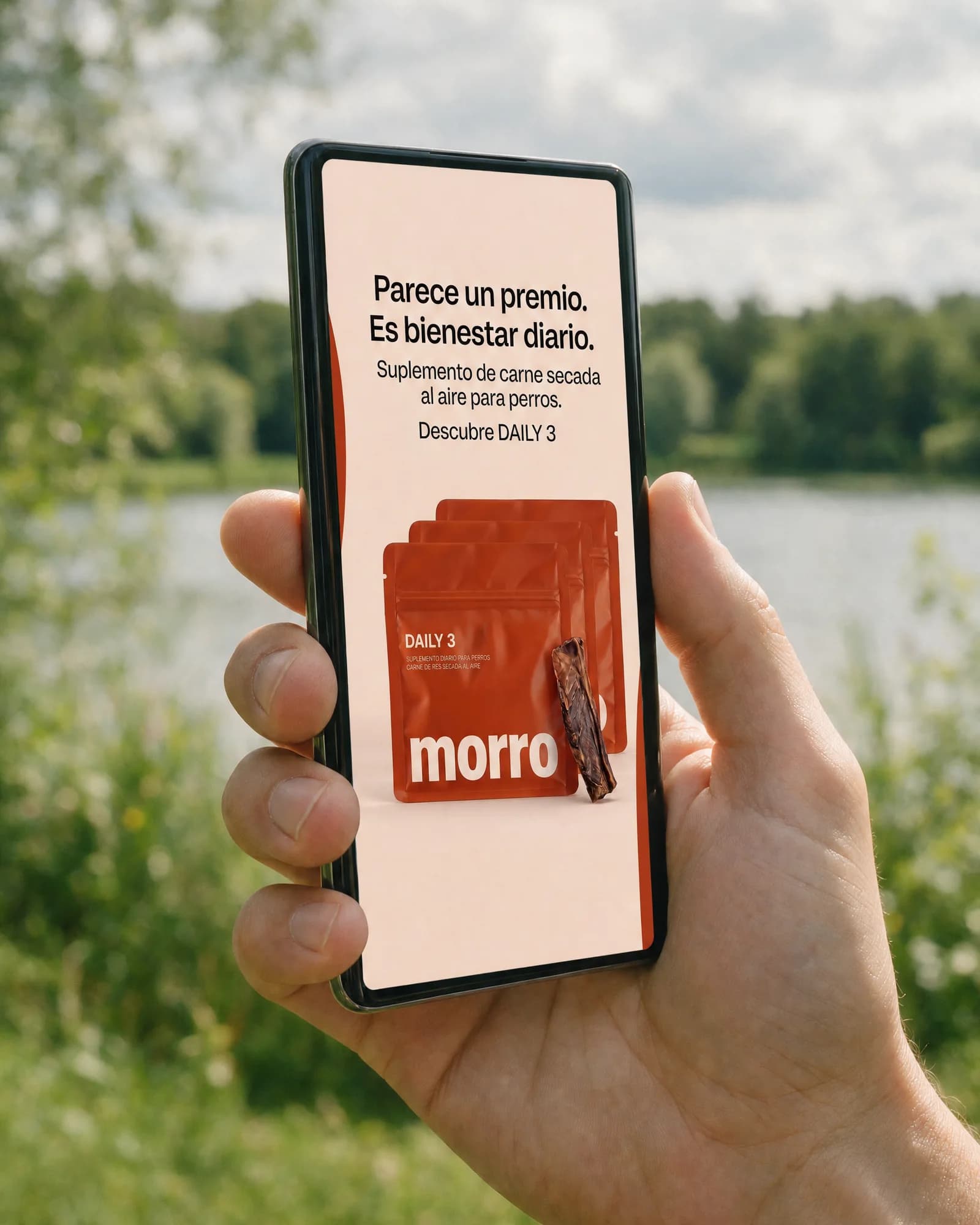 Mano sosteniendo un móvil que muestra un anuncio de MORRO DAILY 3