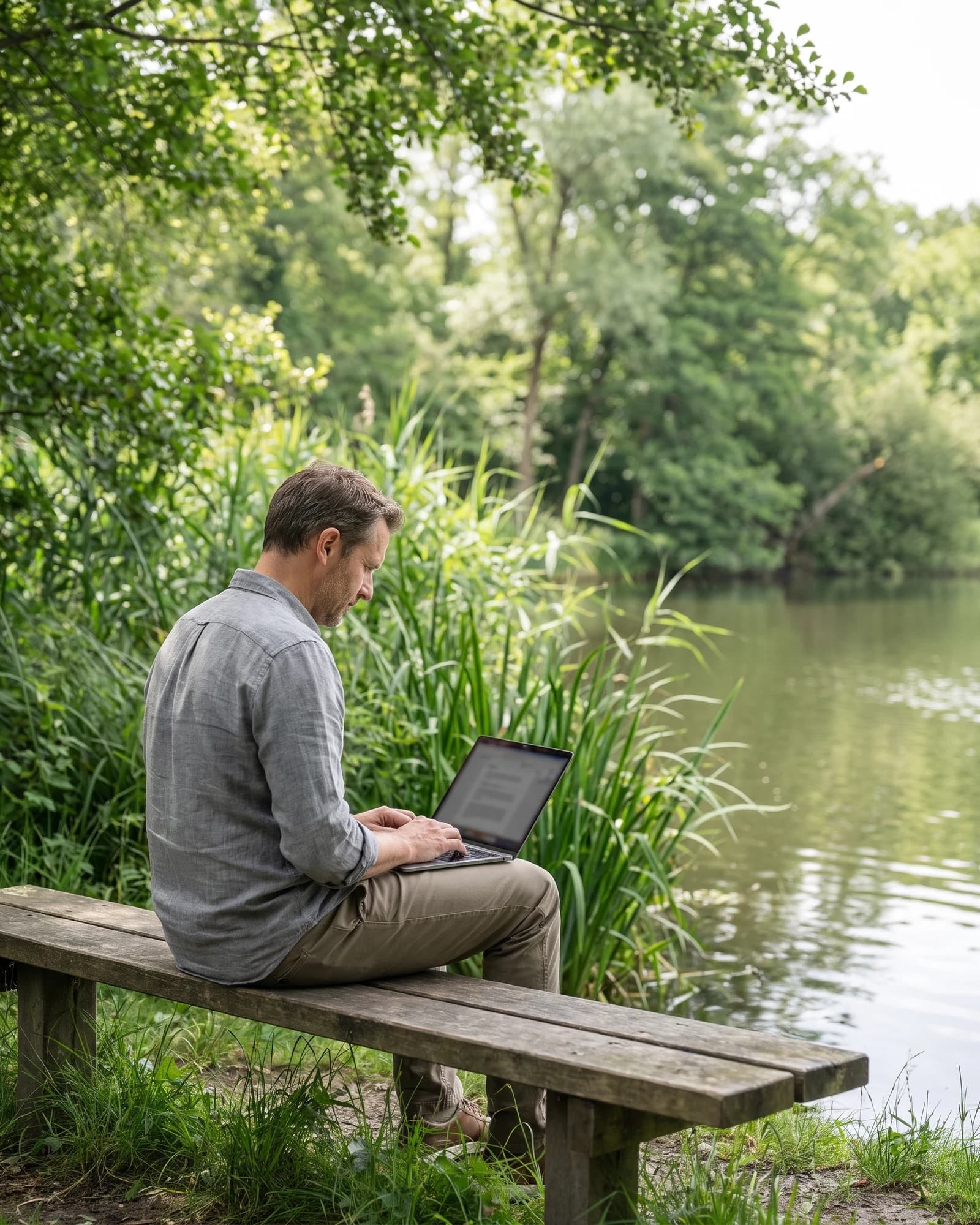 Profesional revisando un ecommerce con un portátil junto a un lago