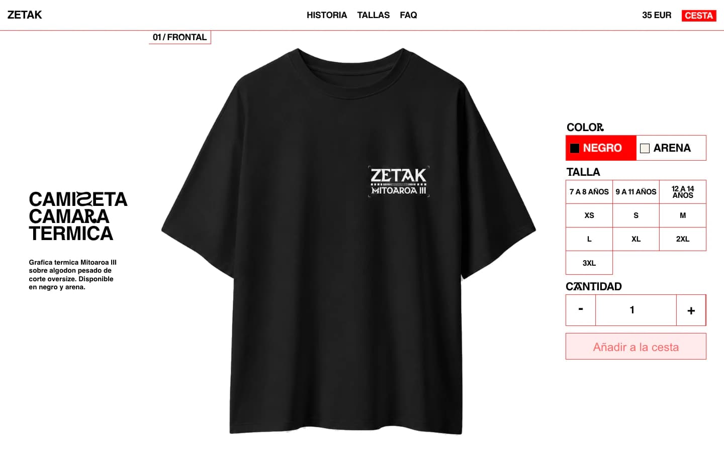 Ficha de producto de ZETAK en escritorio con camiseta central y selectores de color, talla y cantidad