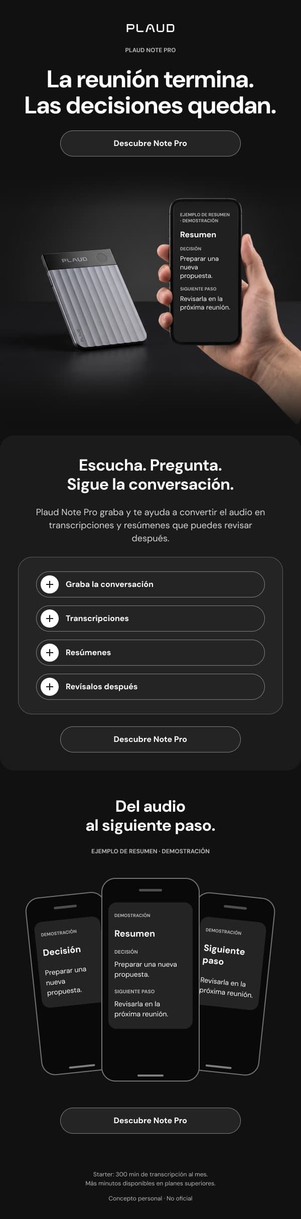 Diseño personal no oficial de un email de producto de Plaud, como ejemplo de contenido a preparar en una plataforma de email