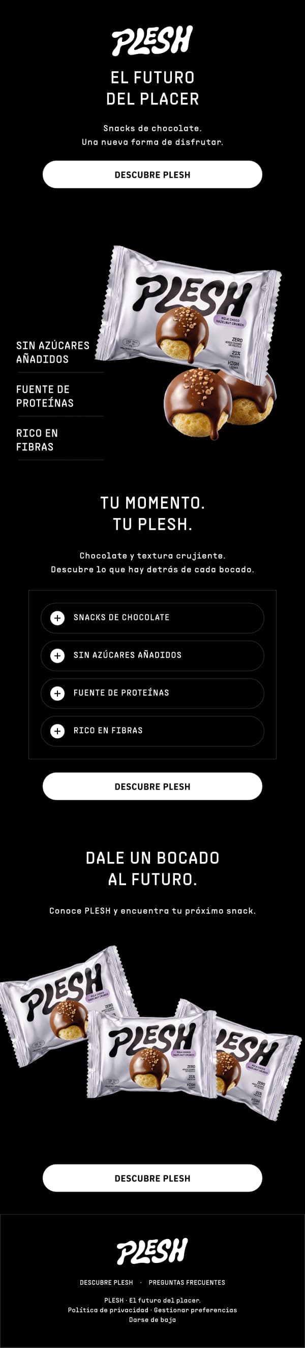 Propuesta personal no oficial de un email de producto de PLESH, utilizada como referencia de jerarquía visual