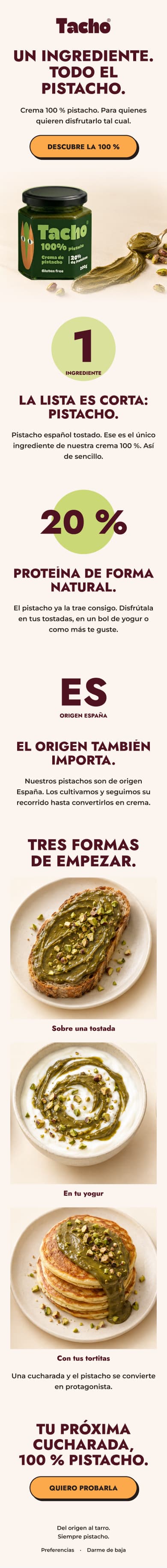 Propuesta personal no oficial de un email de producto de Tacho con crema de pistacho