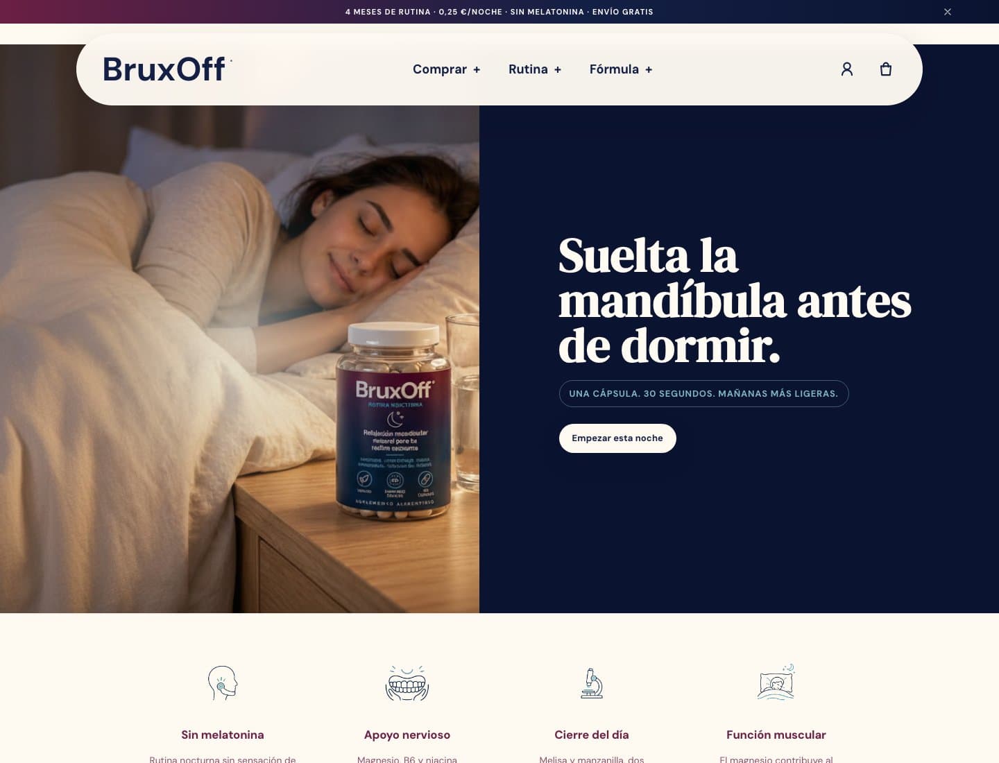 Captura de la web actual de BruxOff con producto y rutina nocturna