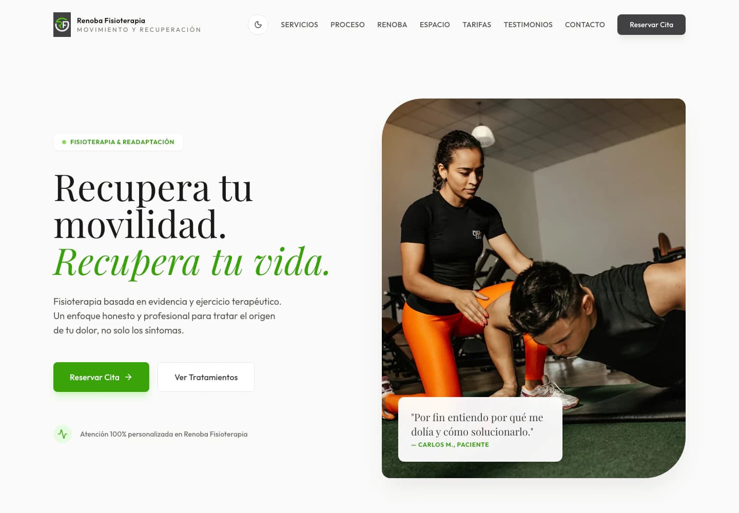 Portada de Renoba Fisioterapia con información de la clínica y acceso a reserva