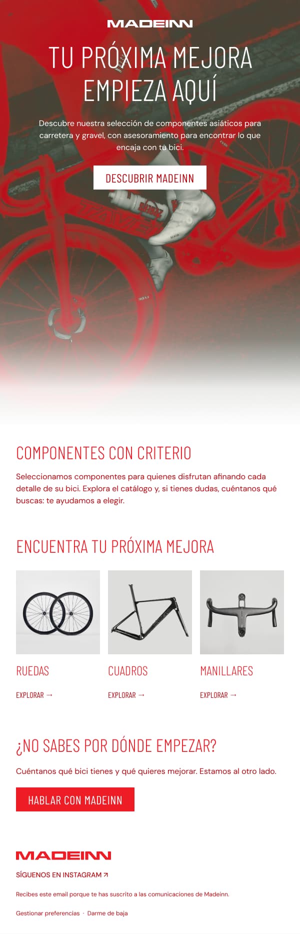 Propuesta personal no oficial de un email de Madeinn con una selección de componentes