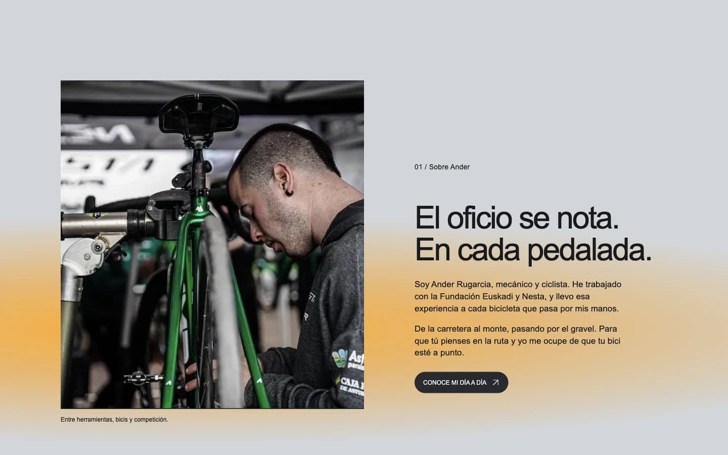 Sección sobre Ander con fotografía del taller y presentación de su experiencia