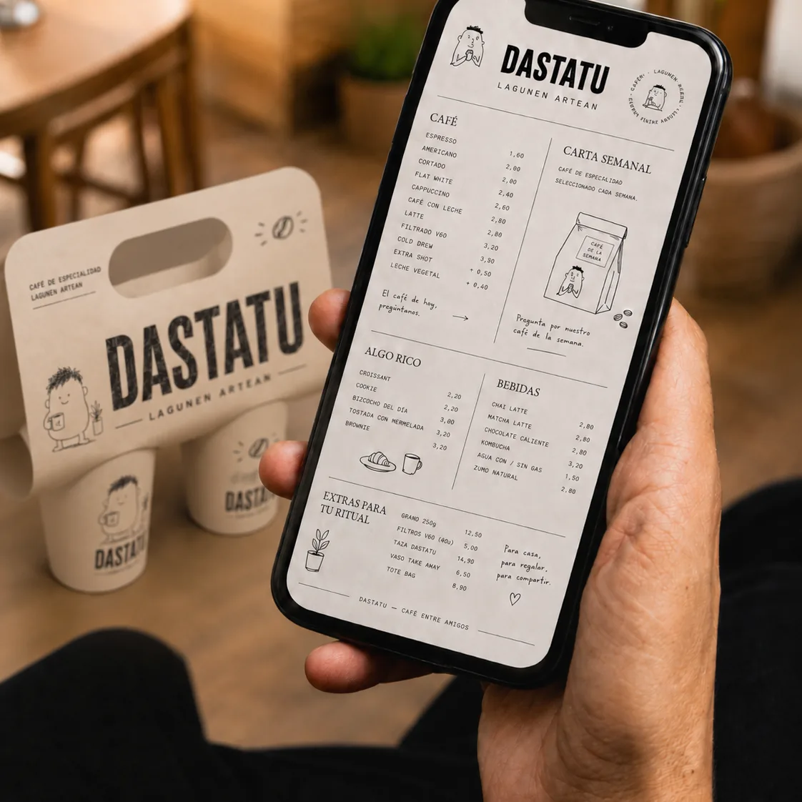 Carta digital de café Dastatu mostrada en móvil