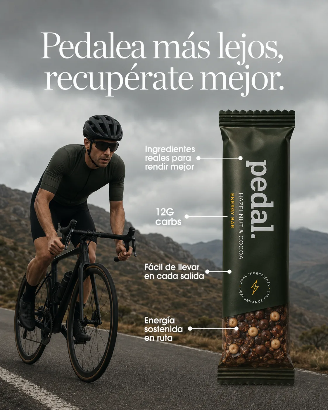 Ejemplo de anuncio creativo para marca de barritas energéticas Pedal, ciclista de carretera con producto destacado