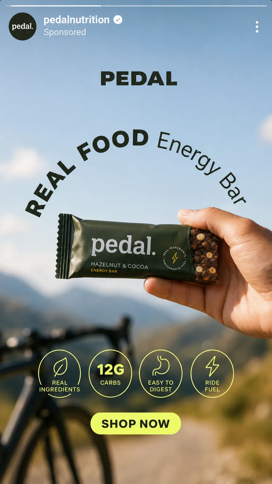Story de Instagram patrocinada para marca Pedal, formato vertical 9:16 con CTA Shop Now