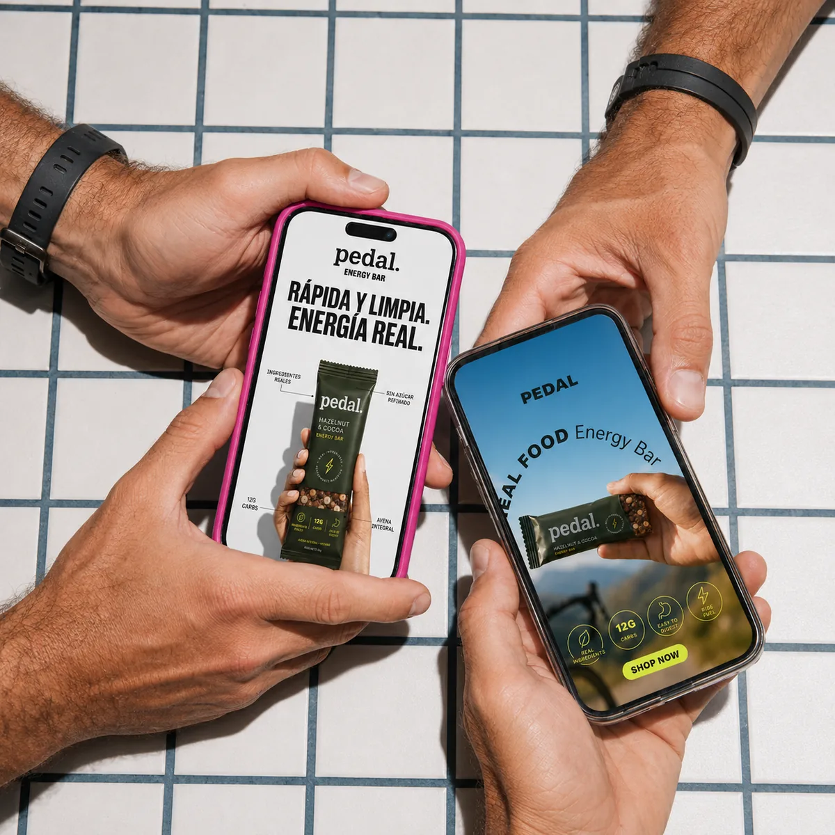 Anuncio creativo para marca Pedal energy bar mostrado en dos móviles