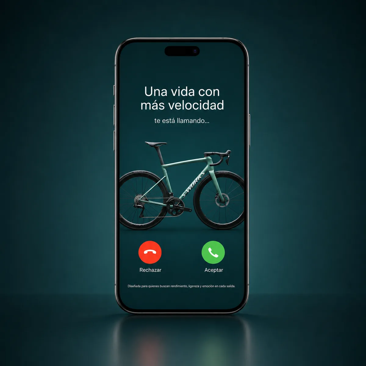 Anuncio creativo Specialized con bicicleta en pantalla de móvil estilo llamada entrante