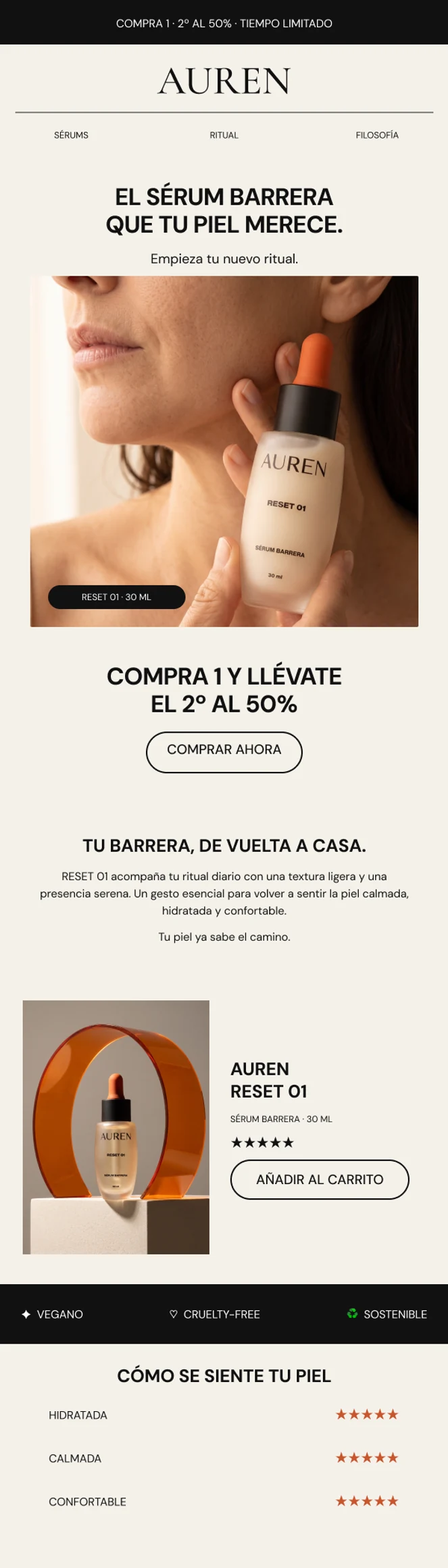 Email promocional de AUREN: compra uno y llévate el segundo RESET 01 al 50 %