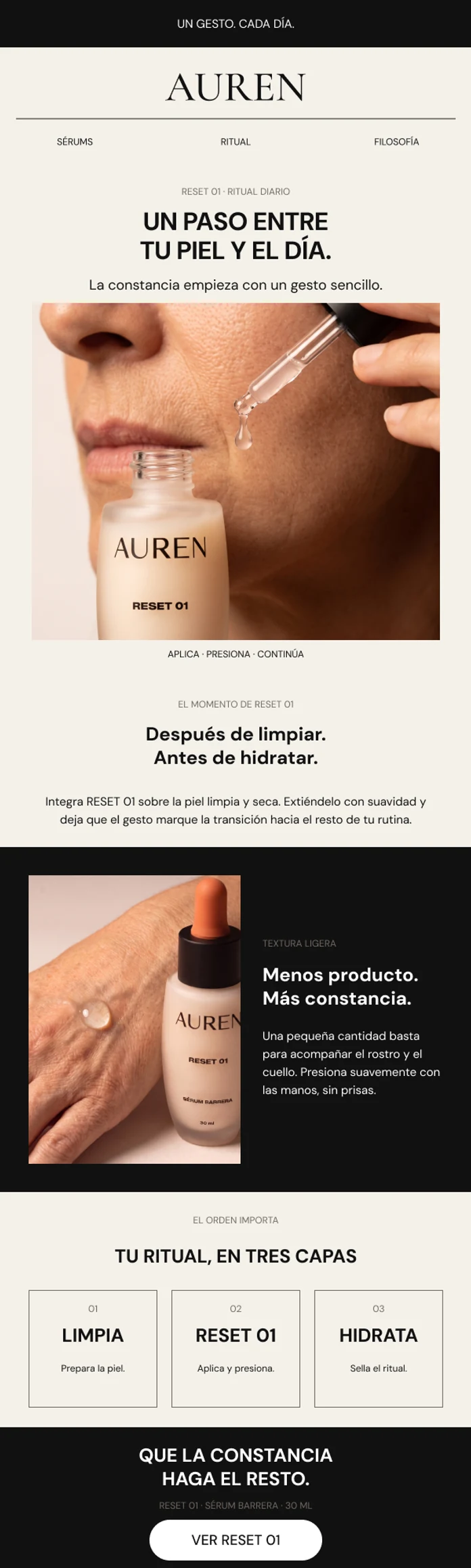 Email de recompra de AUREN: un paso entre tu piel y el día