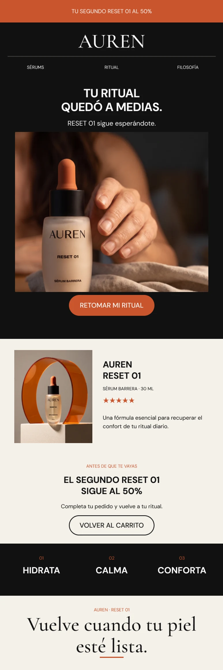 Email de recuperación de carrito de AUREN: tu ritual quedó a medias