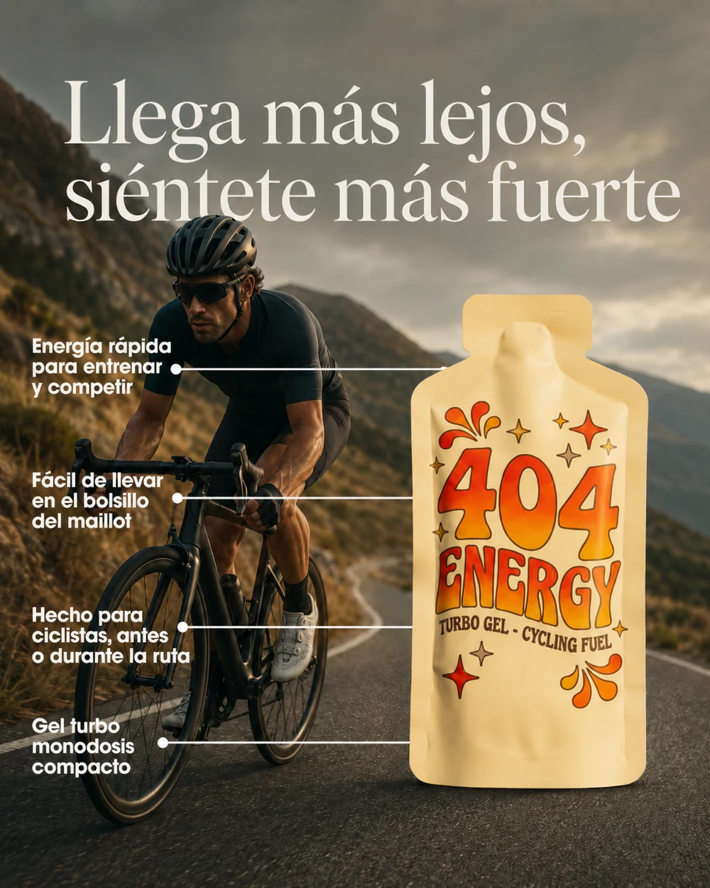 Creatividad de anuncio de 404 Energy con ciclista en ruta y producto