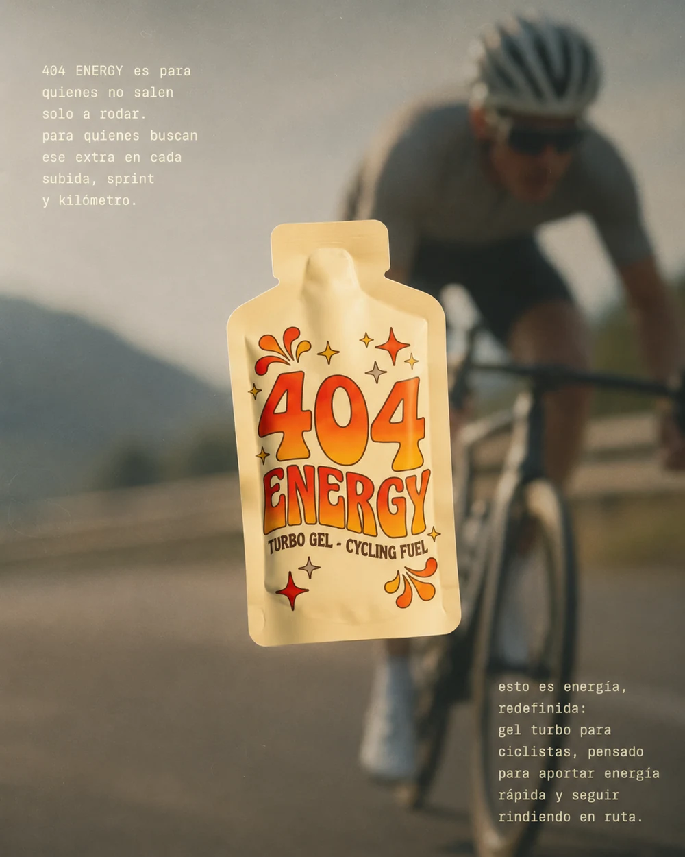 Creatividad de anuncio de 404 Energy con producto protagonista y ciclista desenfocado