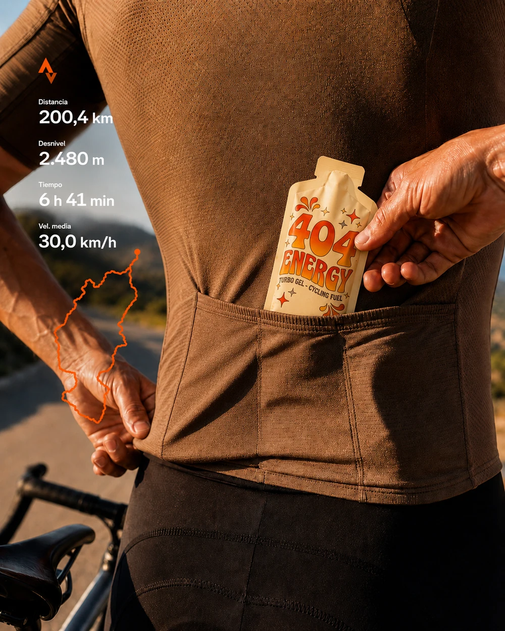 Creatividad de anuncio de 404 Energy con producto en bolsillo de maillot ciclista