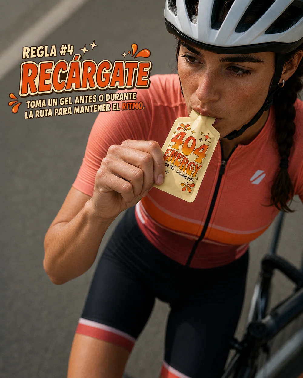 Creatividad de anuncio de 404 Energy con ciclista usando el producto