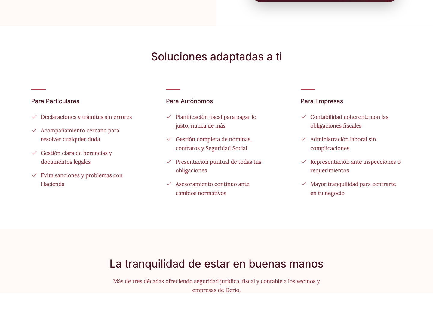 Recorte inferior de la web de Asder Asesoría con FAQ, contacto y cierre
