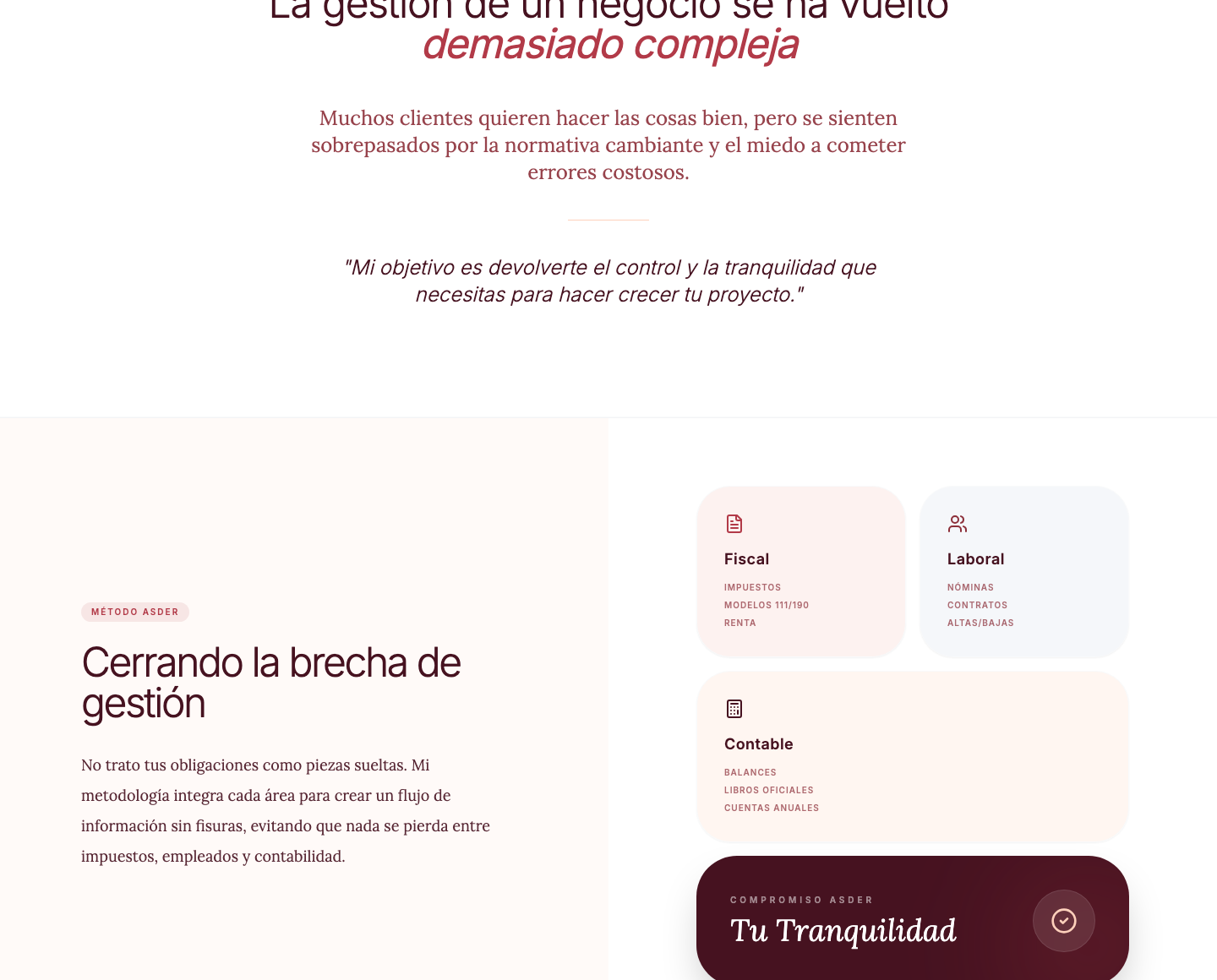Recorte intermedio de la web de Asder Asesoría con método, soluciones y prueba social