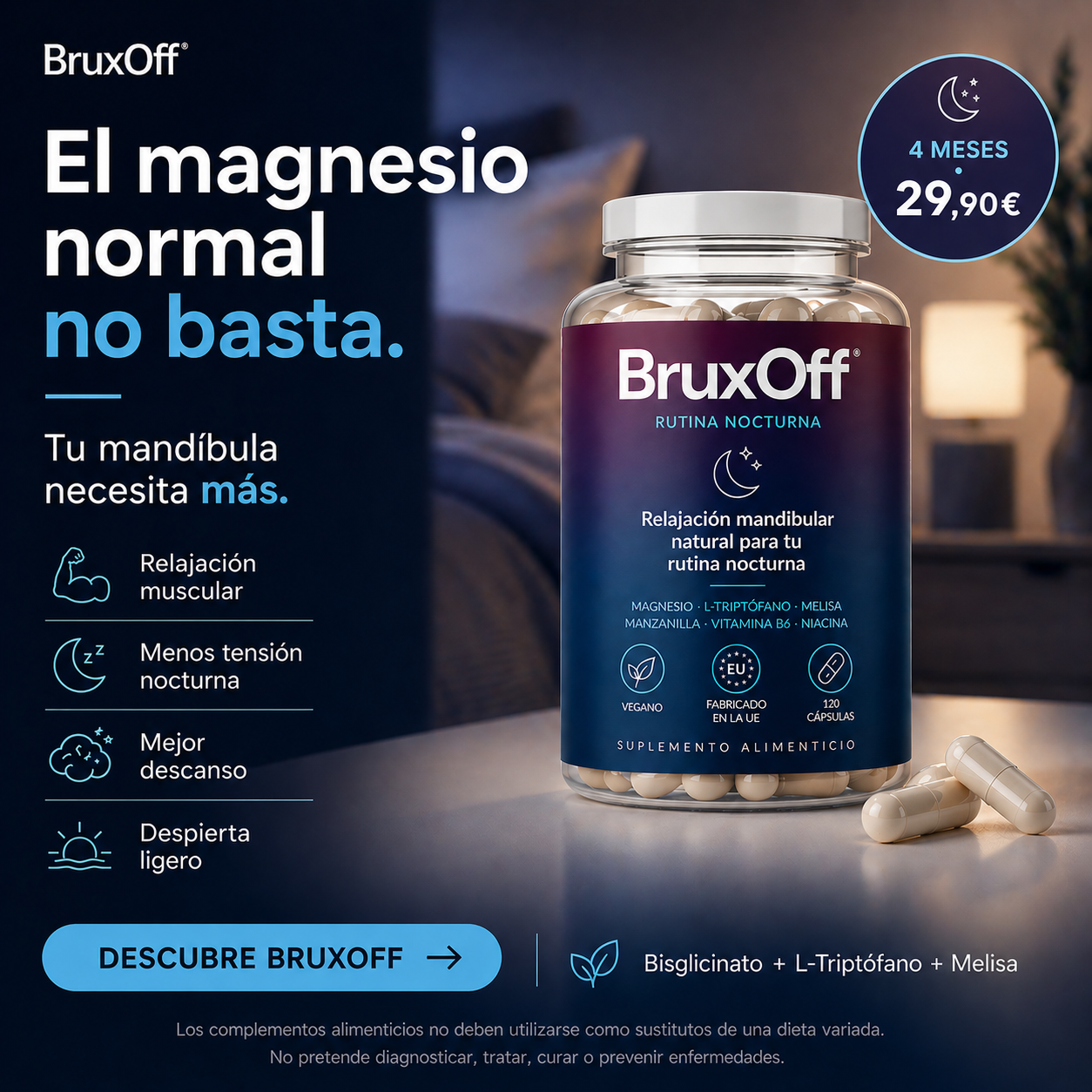 Creatividad de anuncio BruxOff con producto y beneficios