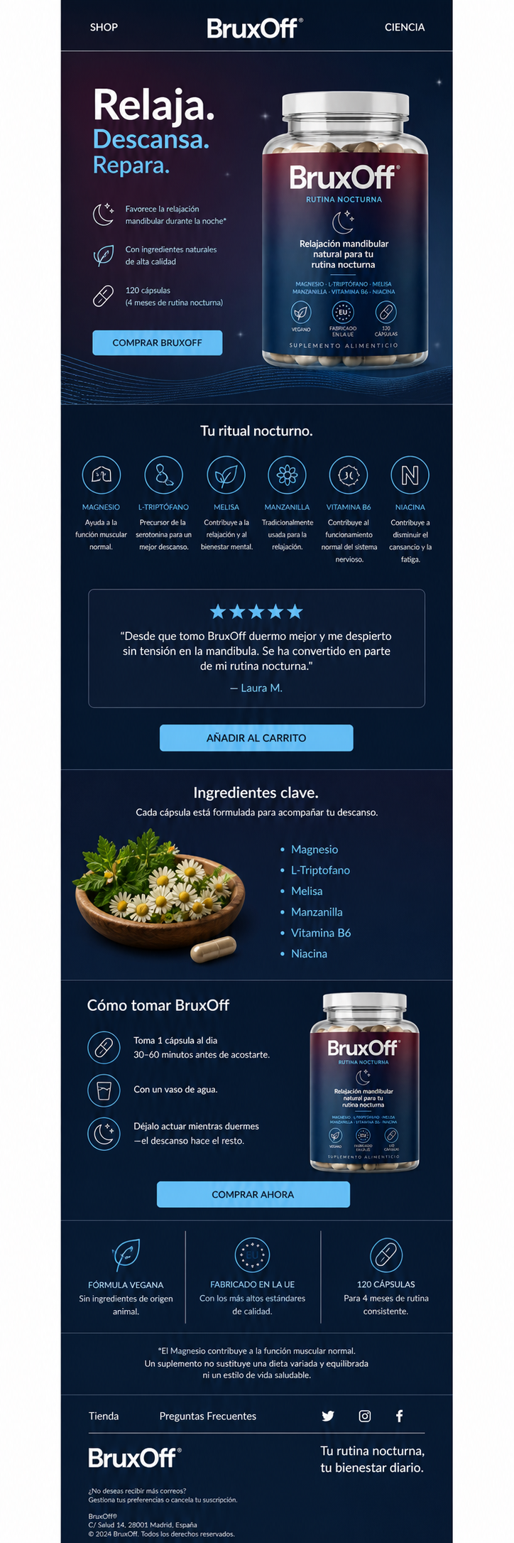 Email marketing visual de BruxOff con producto, rutina nocturna e ingredientes