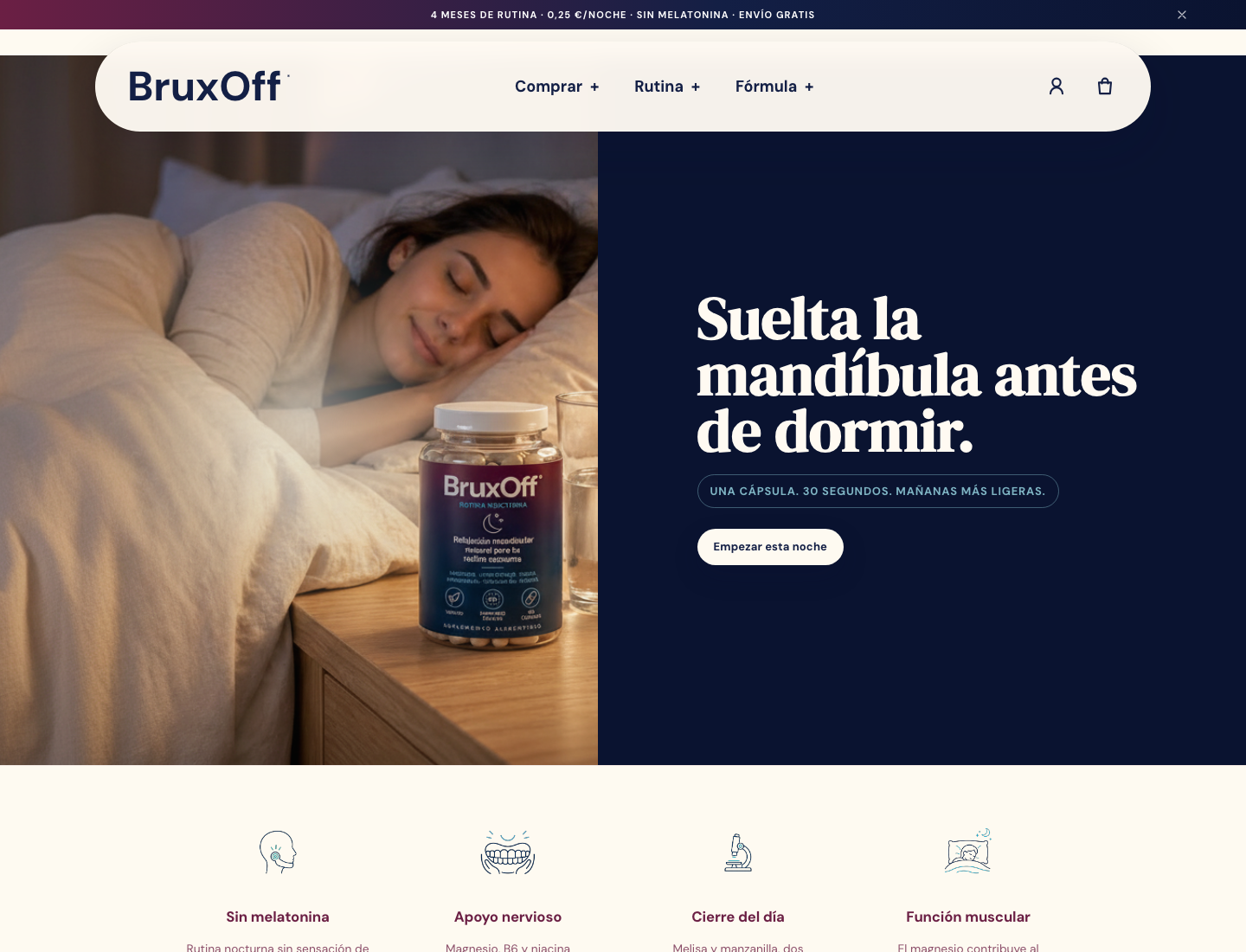 Captura de la web actual de BruxOff con producto y rutina nocturna