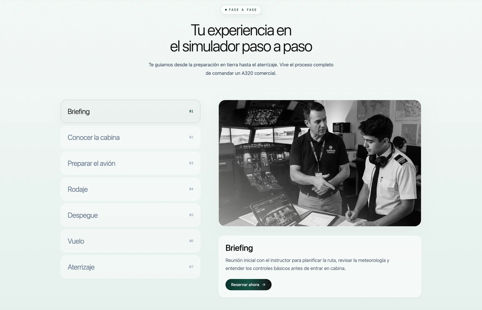 Recorte de la landing con el proceso de la experiencia en simulador
