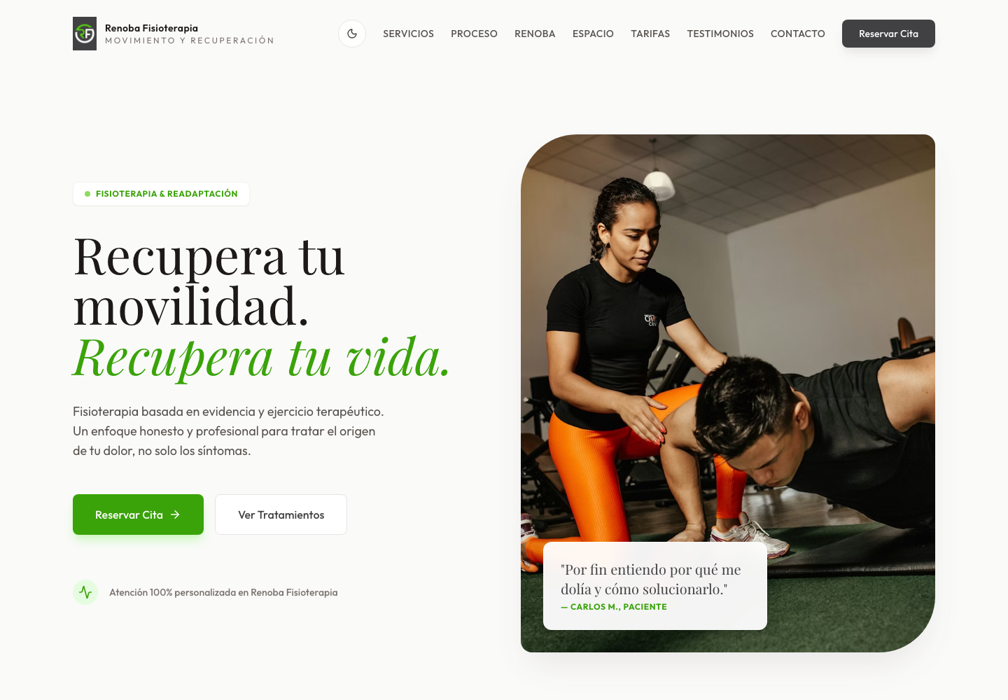 Captura de la home de Renoba Fisioterapia