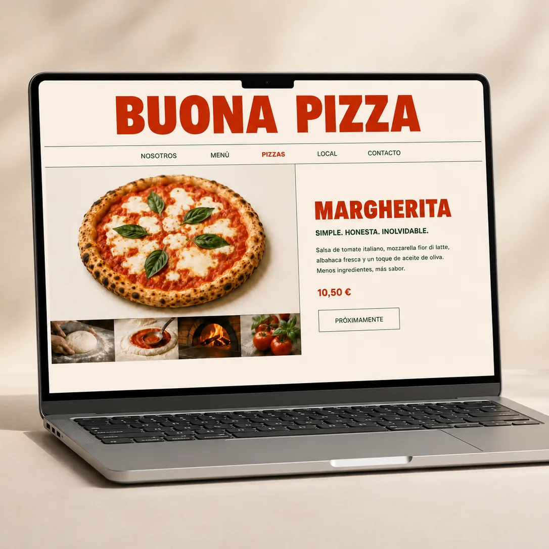 Mockup de web Buona Pizza en laptop sobre fondo cálido