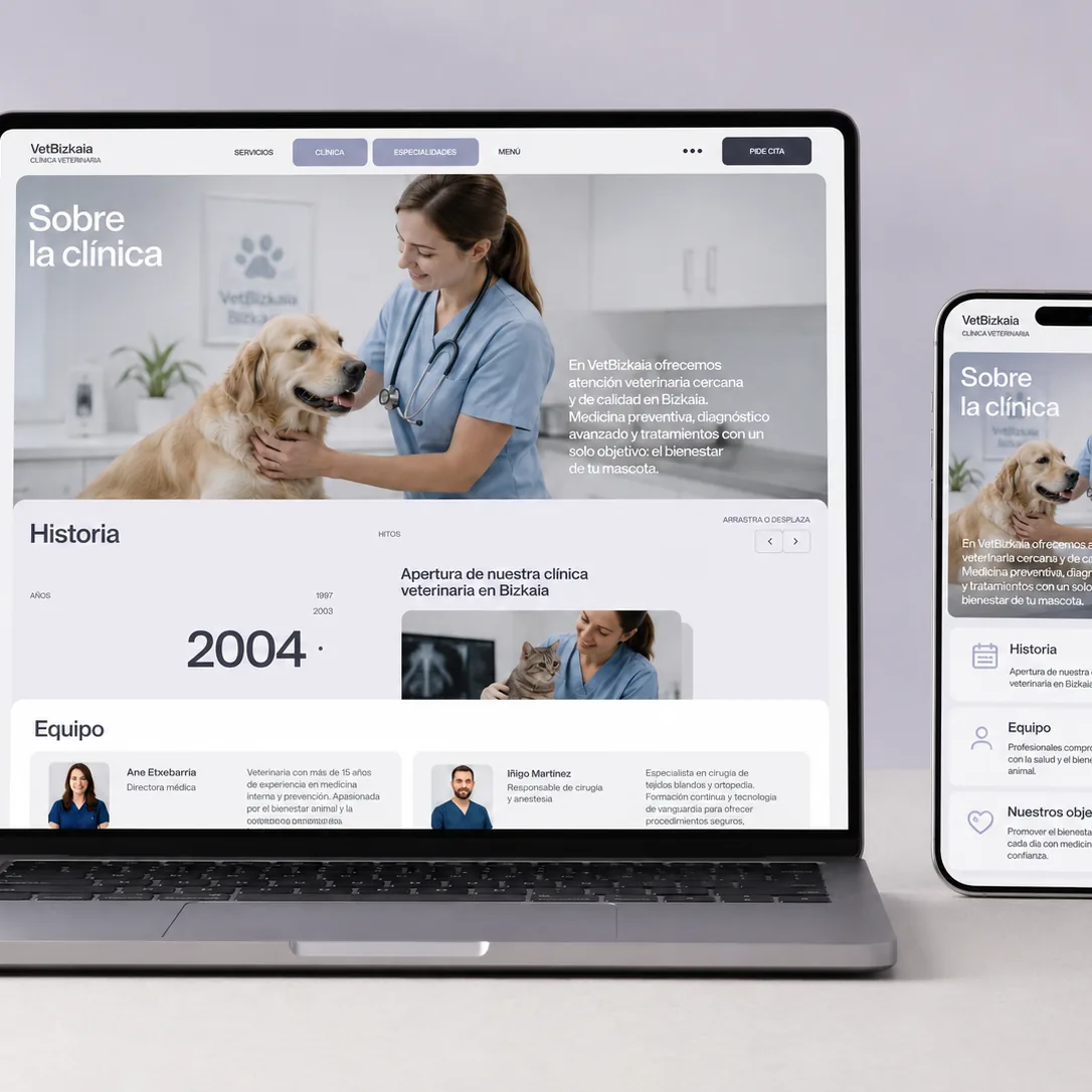 Mockup de web VetBizkaia en laptop y móvil para clínica veterinaria